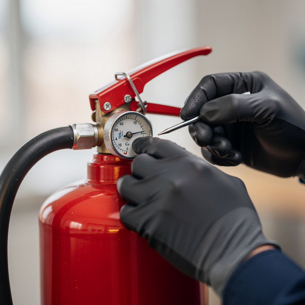 Nargan Fire & Safety Company technician performing a professional fire extinguisher inspection in Goleta, CA