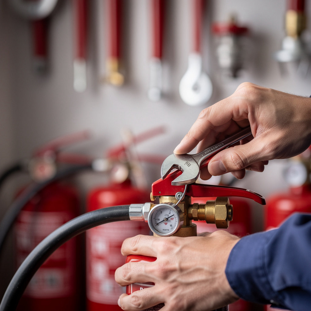 Nargan Fire & Safety Company technician performing a professional fire extinguisher inspection in Goleta, CA